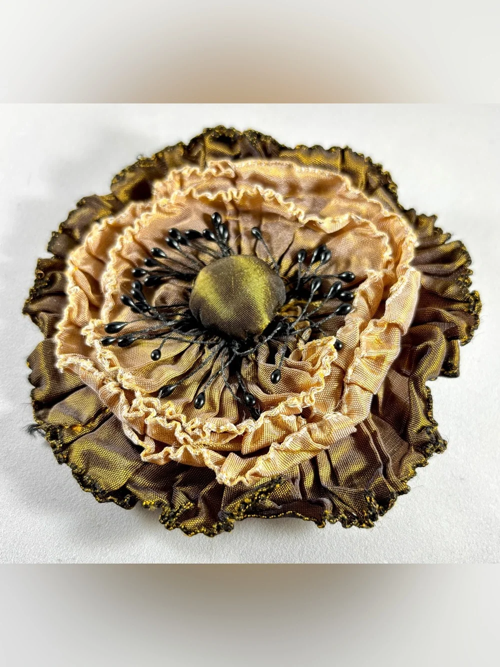 Layered Fabric Flower Brooch in Gold and Brown by Goody Goody